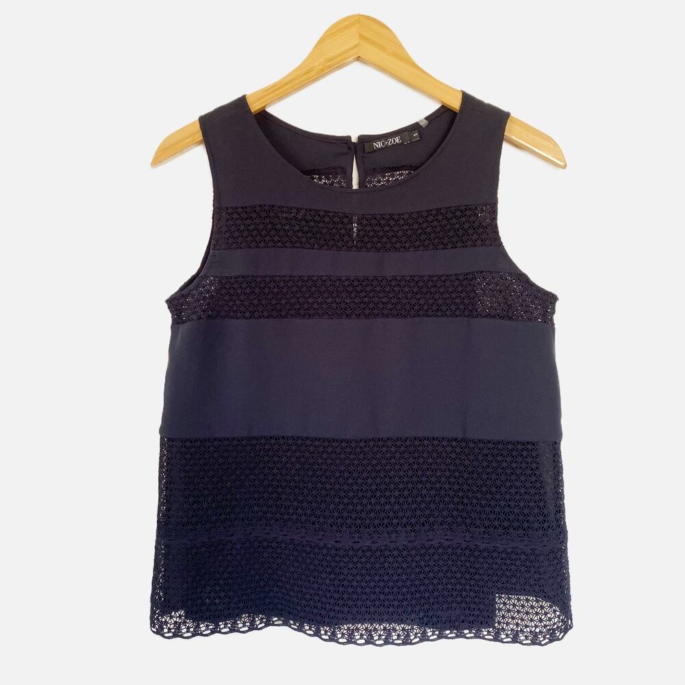 NIC+ZOE Crochet Lace Sleeveless Layered Blouse Navy Size Small
